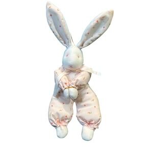 Vintage White Plush Bunny Rabbit Ornament Pink Floral Pajamas Lace Trim 10 Inch